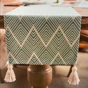 Geometric Patterned Table Runner in Green and Cream